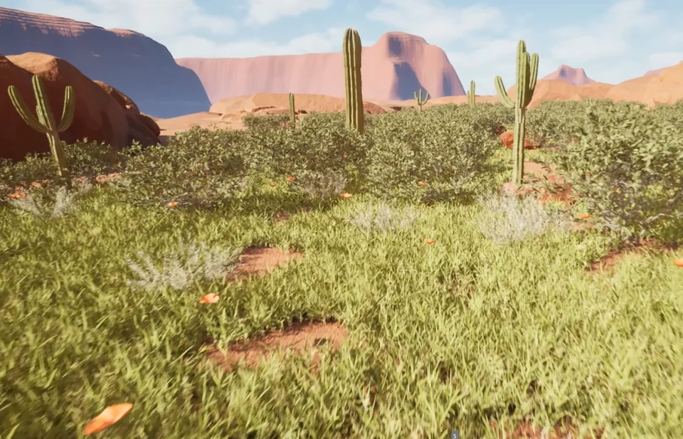 Desert landscape experiment with cacti, grass and sandstone cliffs