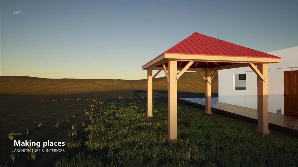 Timber gazebo model with a red roof from Artem’s earlier development reel