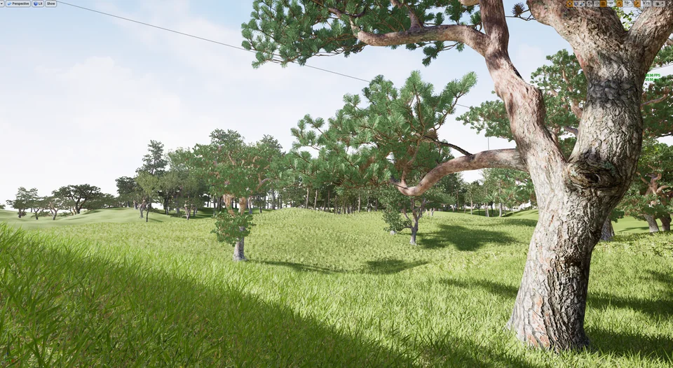 Sunlit trees and grass in an early digital landscape by Artem