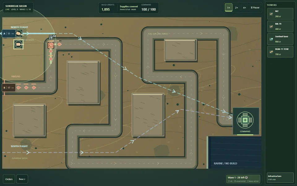 2D strategy game development build, with defensive towers and approaching enemies