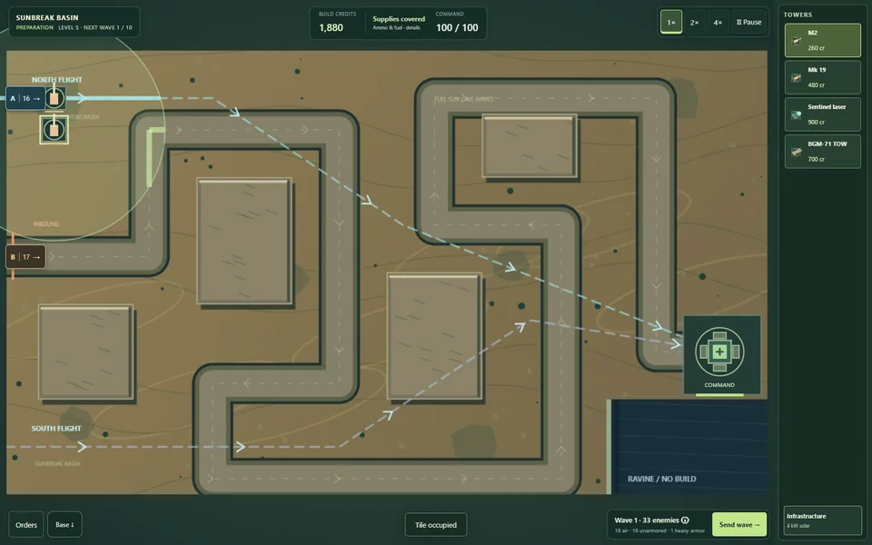 2D strategy game preparation screen with two placed towers before the first wave